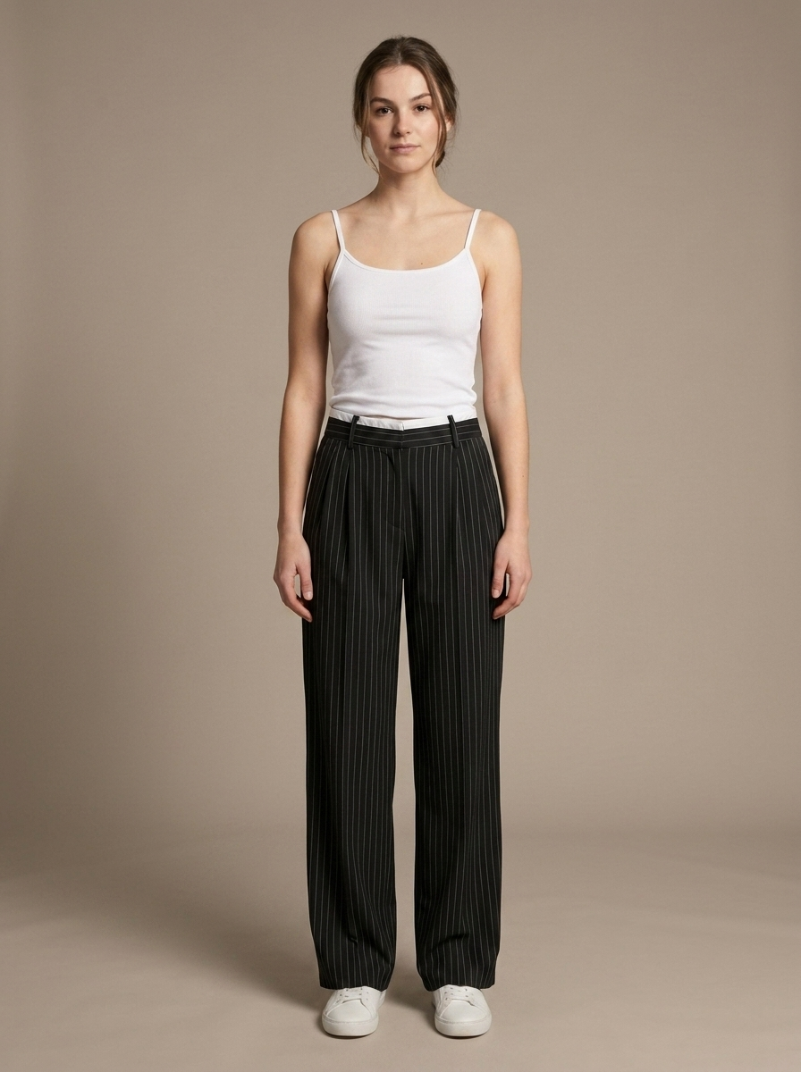 Trousers Pinstripe Pleated Wide Leg worn by a model, front view
