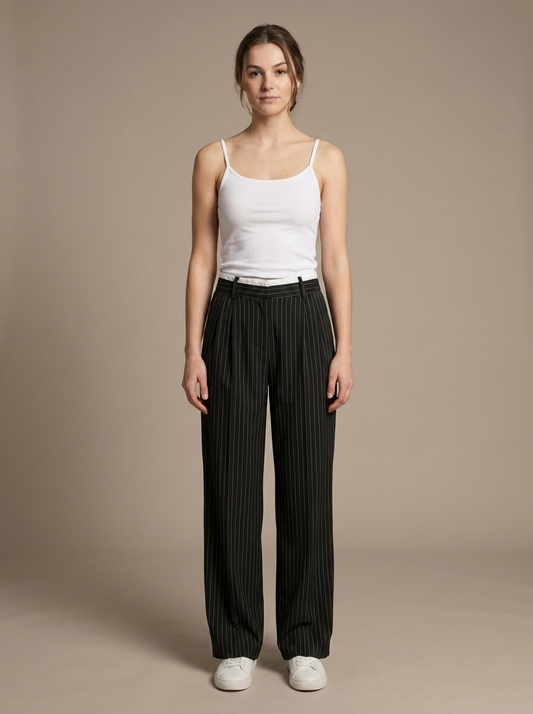 Trousers Pinstripe Pleated Wide Leg worn by a model, front view