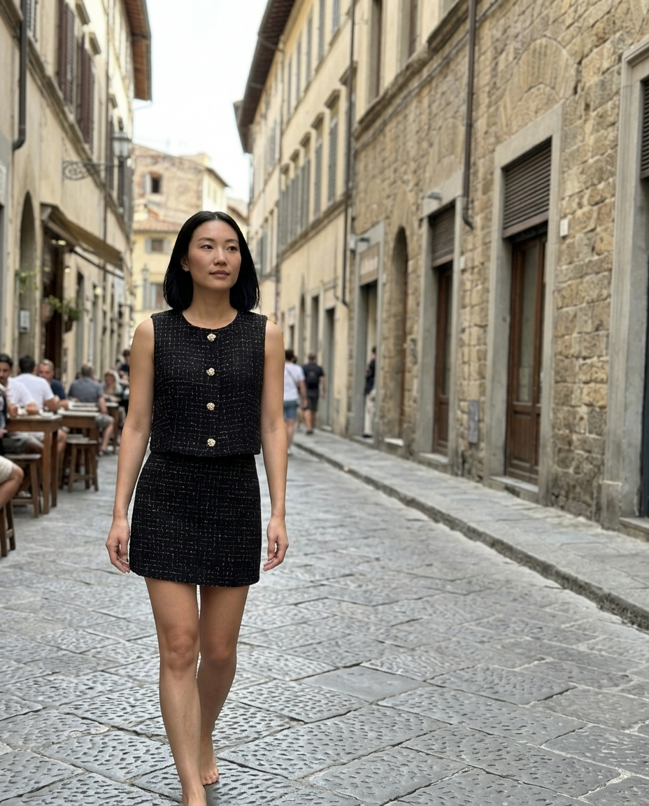 Tweed Cropped Vest and Mini Skirt Set worn in an everyday street setting