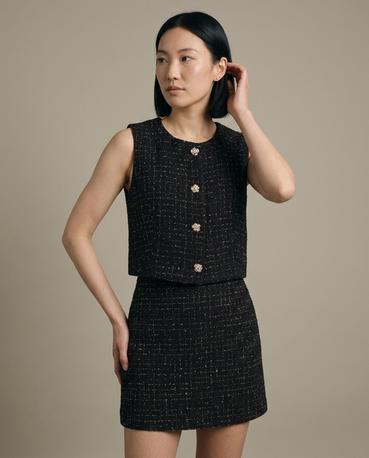 Tweed Cropped Vest and Mini Skirt Set worn by a model, close waist-up view