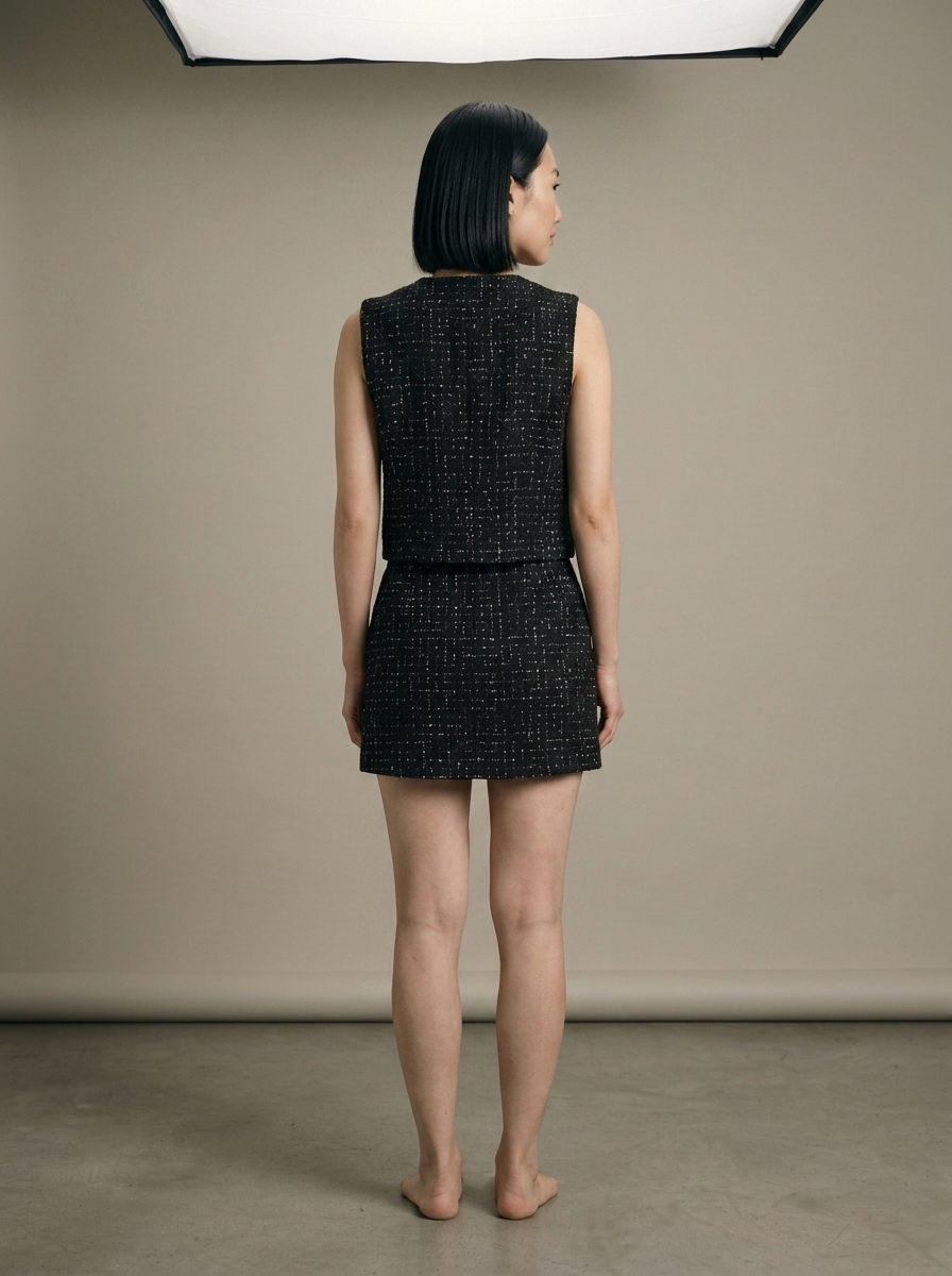 Tweed Cropped Vest and Mini Skirt Set worn by a model, back view