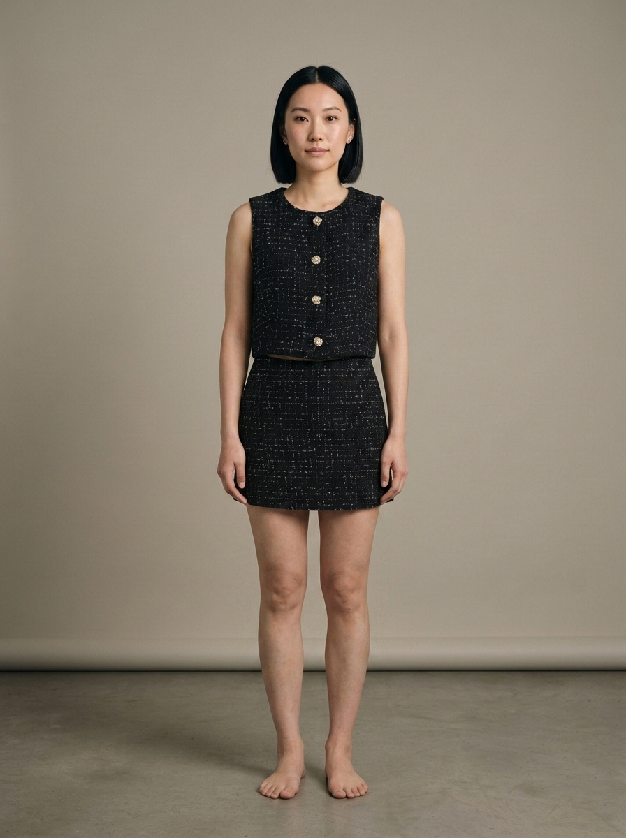 Tweed Cropped Vest and Mini Skirt Set worn by a model, front view