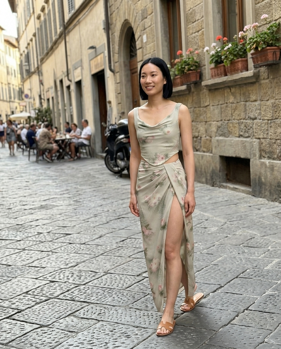 Two Piece Set, Floral Draped Maxi Skirt worn in an everyday street setting
