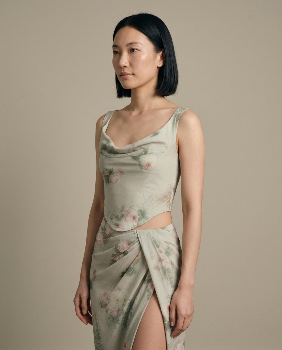 Two Piece Set, Floral Draped Maxi Skirt worn by a model, close waist-up view