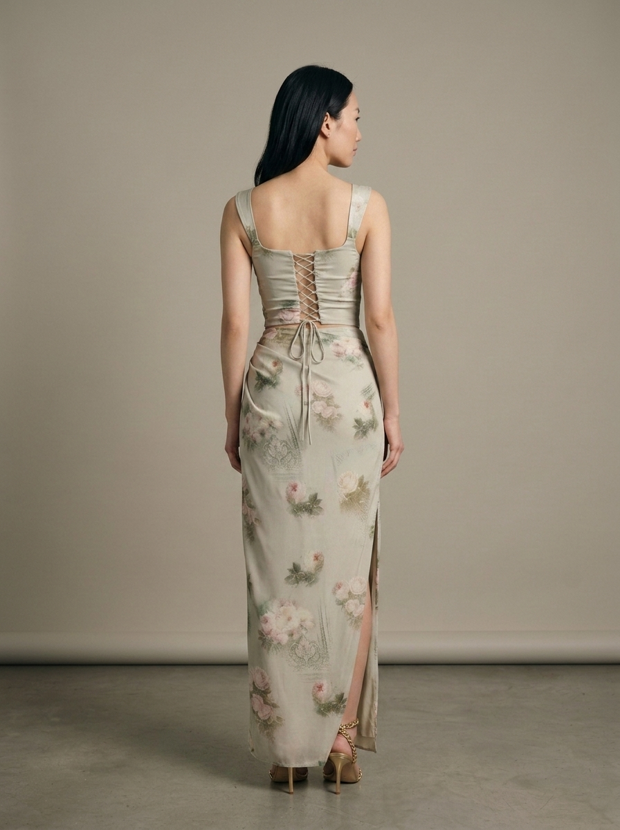 Two Piece Set, Floral Draped Maxi Skirt worn by a model, back view