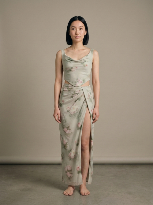 Two Piece Set, Floral Draped Maxi Skirt worn by a model, front view