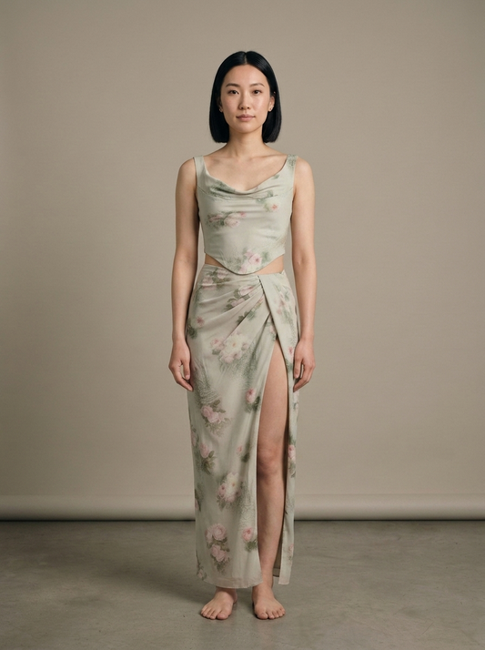 Two Piece Set, Floral Draped Maxi Skirt worn by a model, front view