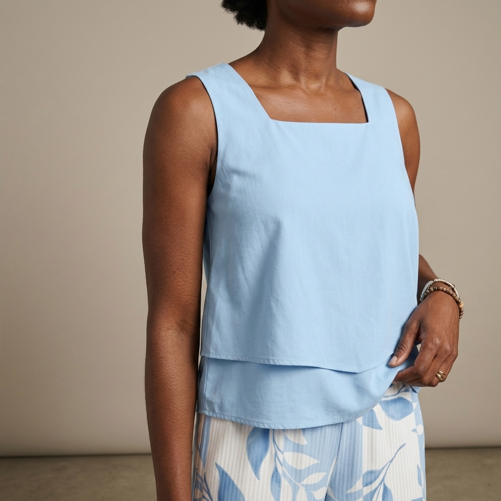 Close-up of Two-Piece Sleeveless Layered Top Leaf Print Trousers detail