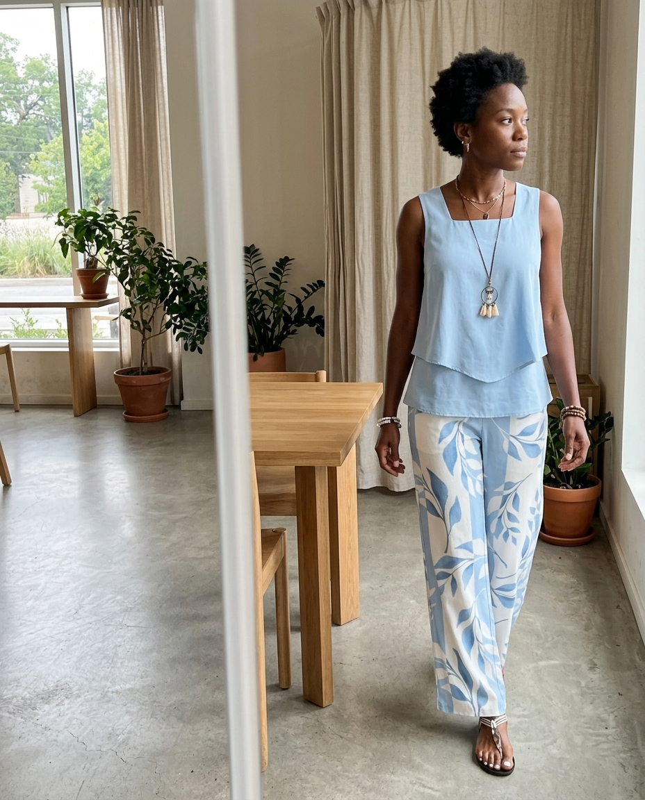 Two-Piece Sleeveless Layered Top Leaf Print Trousers styled in a daylight interior setting