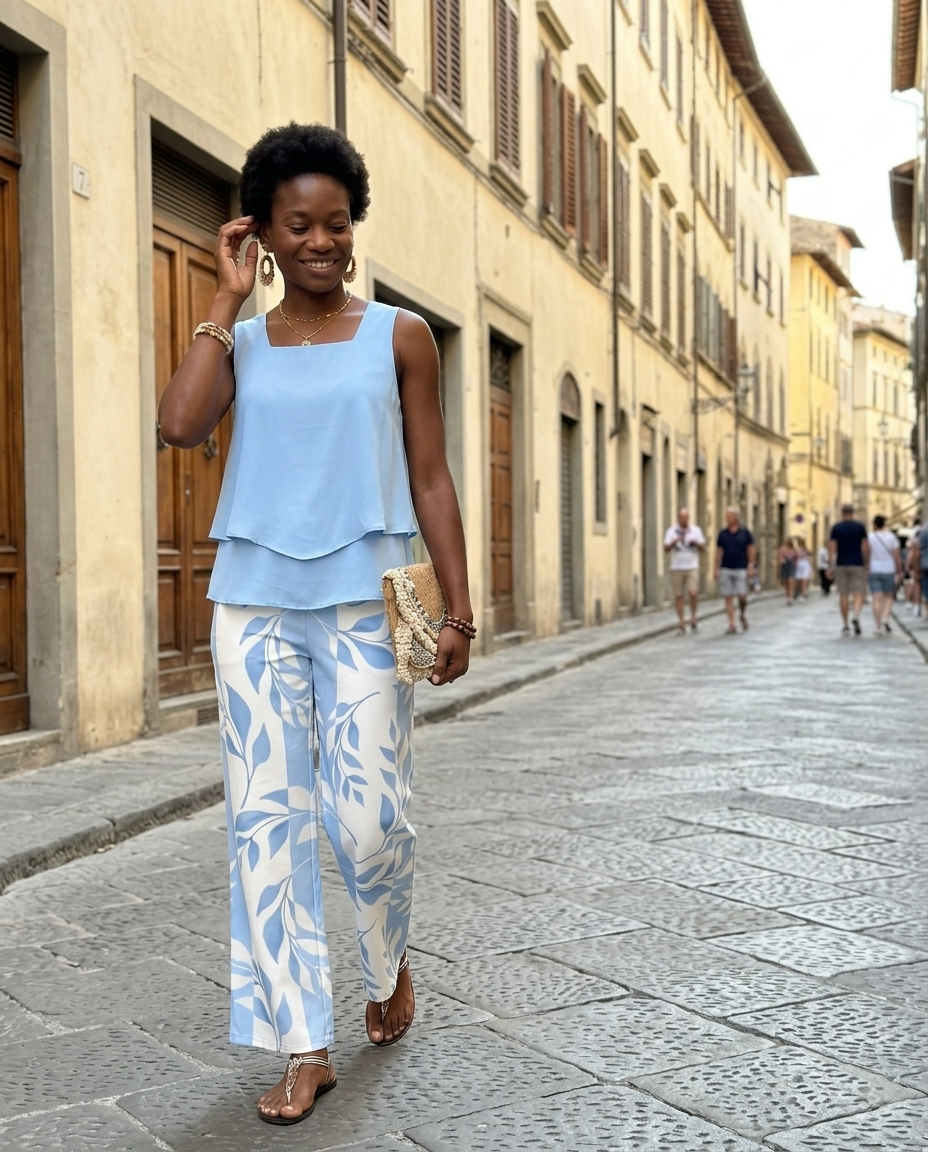 Two-Piece Sleeveless Layered Top Leaf Print Trousers worn in an everyday street setting