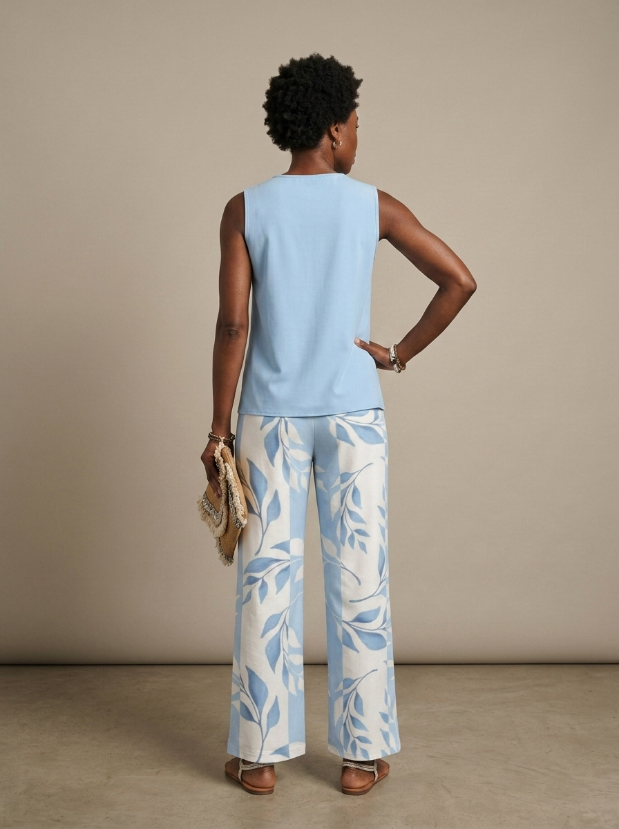 Two-Piece Sleeveless Layered Top Leaf Print Trousers worn by a model, back view
