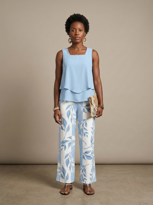 Two-Piece Sleeveless Layered Top Leaf Print Trousers worn by a model, front view
