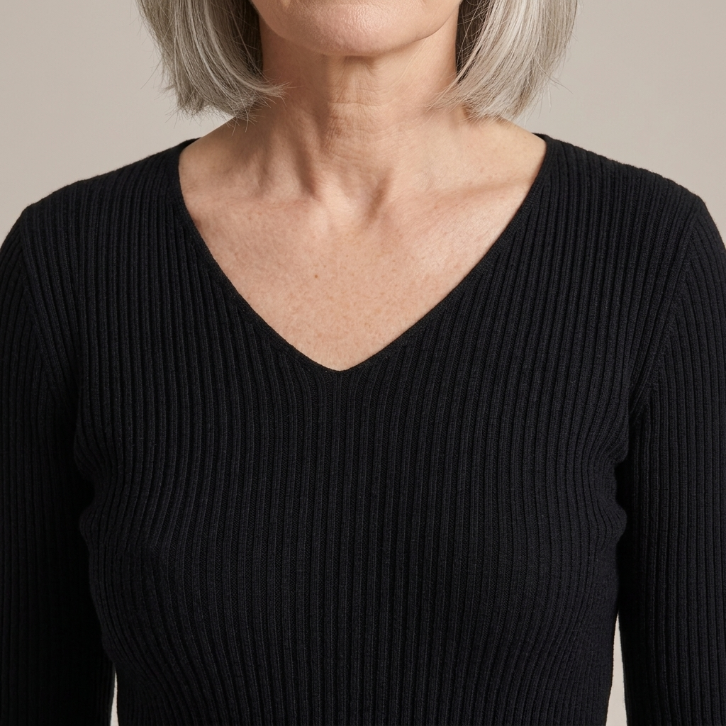 Close-up of V-Neck Ribbed Long-Sleeve Knit Top detail