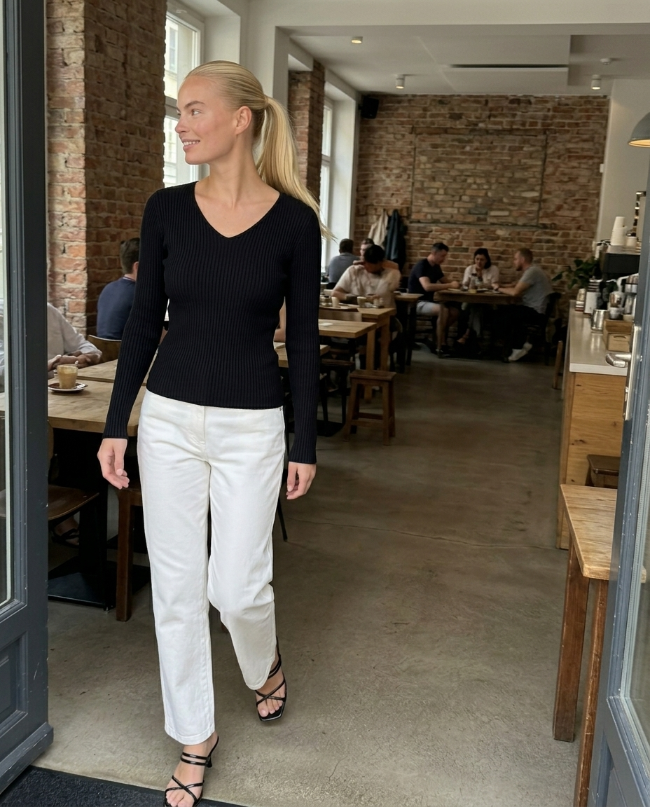 V-Neck Ribbed Long-Sleeve Knit Top styled in a daylight interior setting