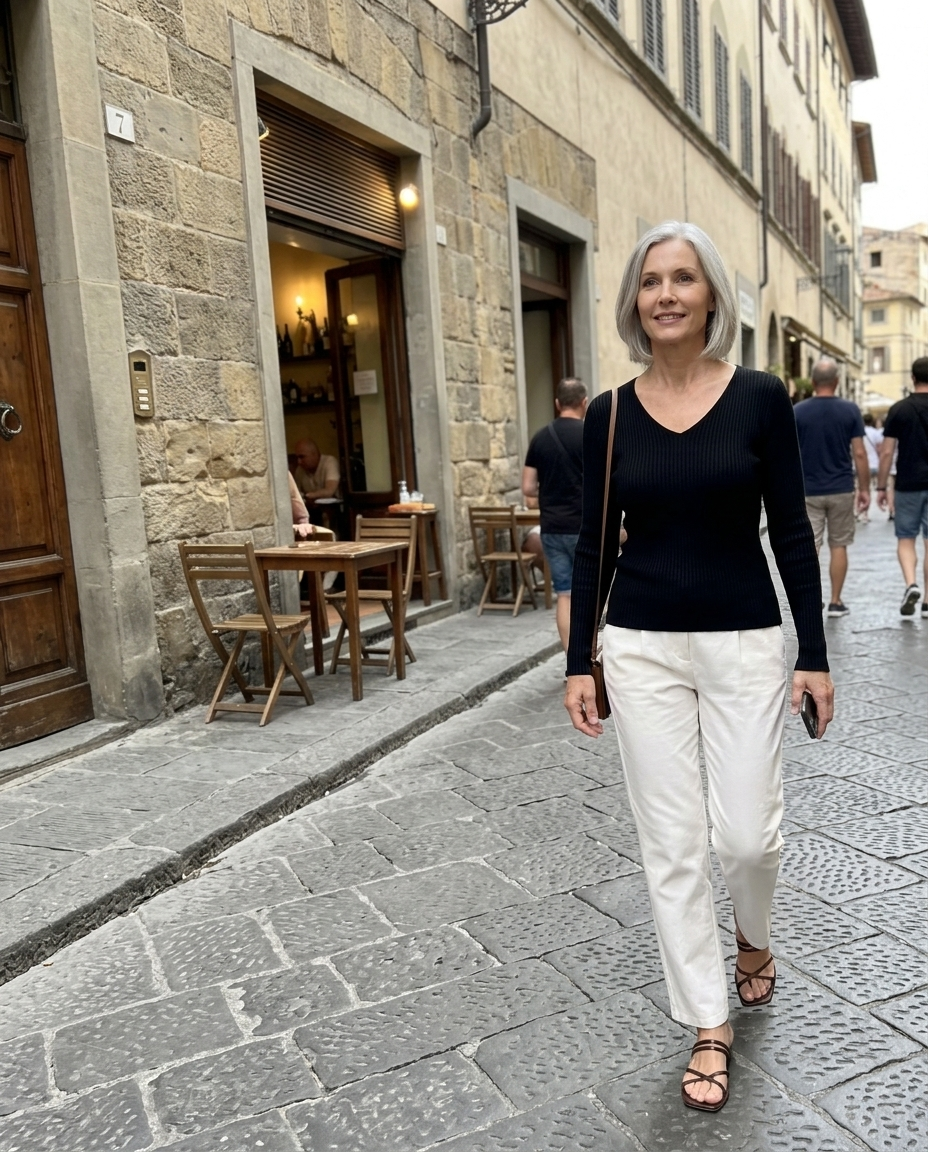V-Neck Ribbed Long-Sleeve Knit Top worn in an everyday street setting