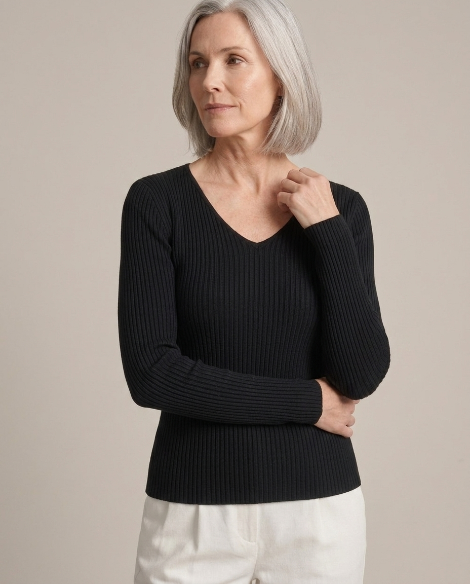 V-Neck Ribbed Long-Sleeve Knit Top worn by a model, close waist-up view