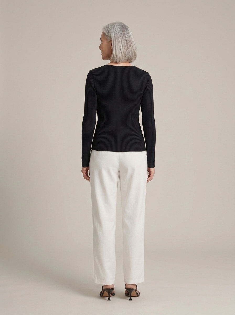 V-Neck Ribbed Long-Sleeve Knit Top worn by a model, back view