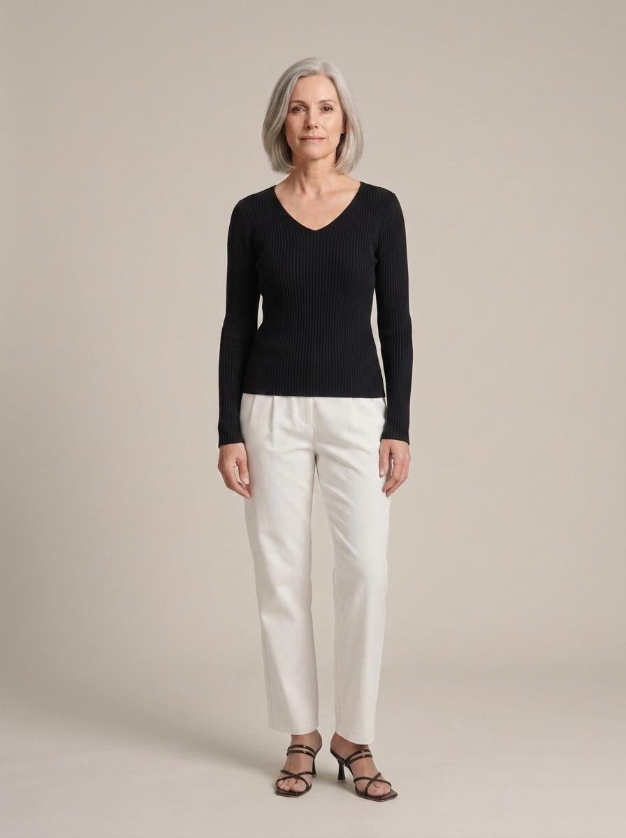 V-Neck Ribbed Long-Sleeve Knit Top worn by a model, front view