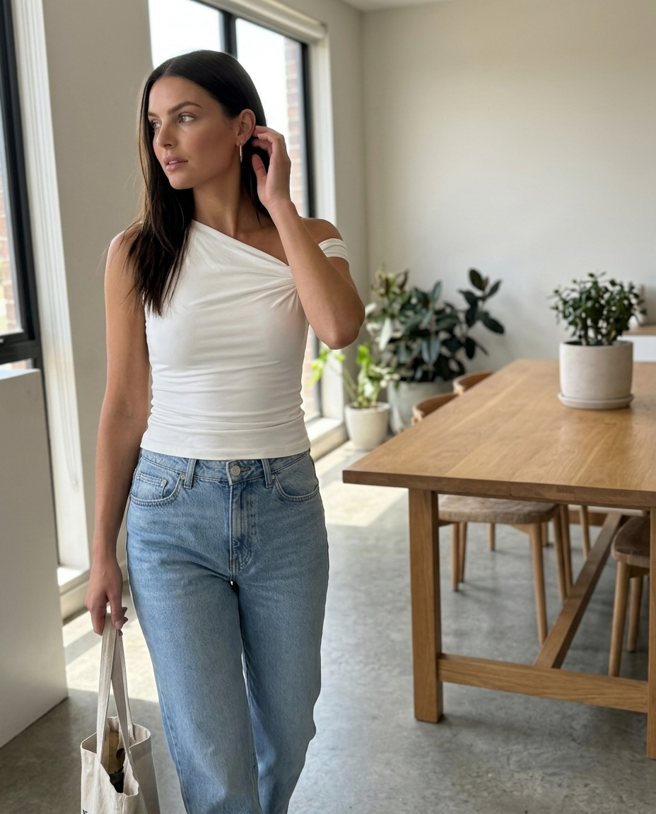 White Asymmetrical Draped Knit Top styled in a daylight interior setting