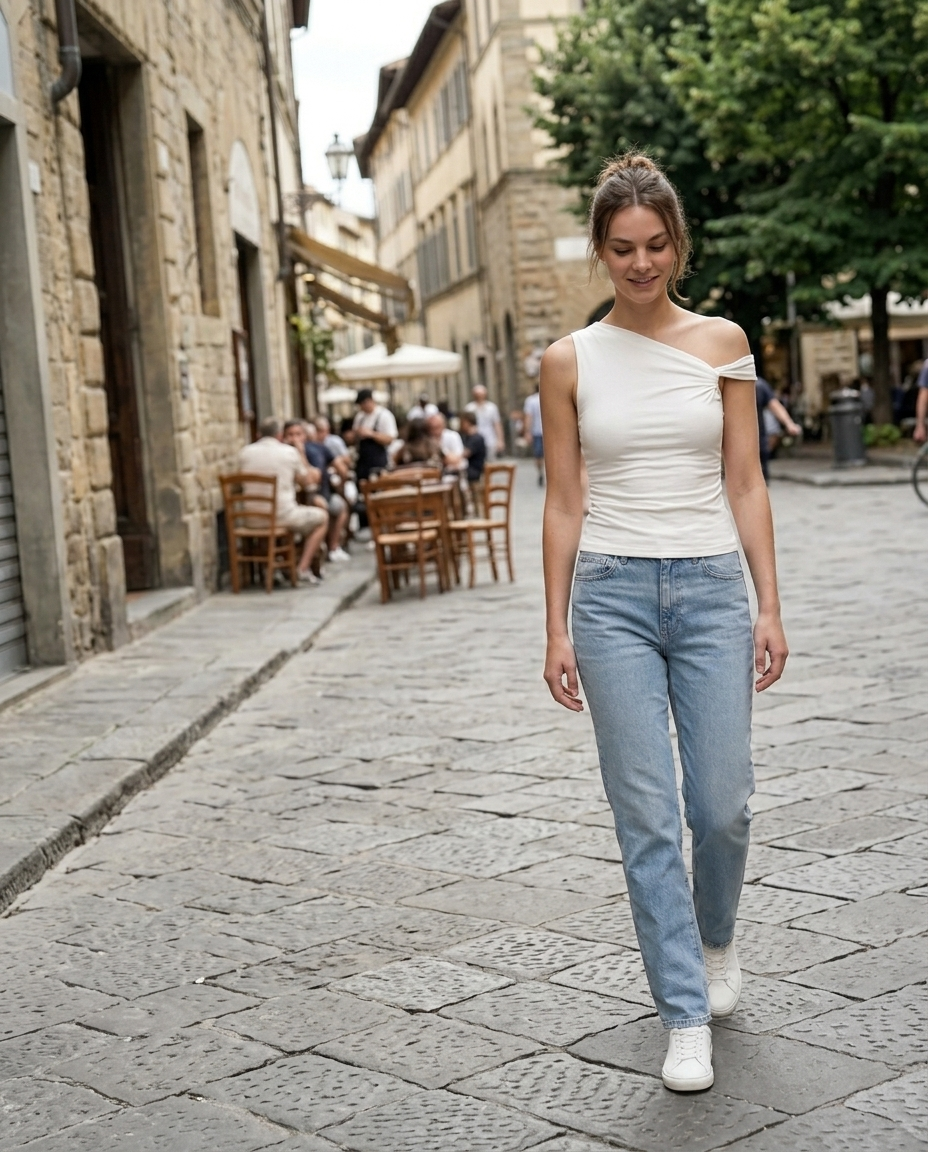 White Asymmetrical Draped Knit Top worn in an everyday street setting