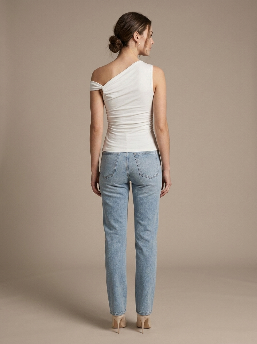 White Asymmetrical Draped Knit Top worn by a model, back view