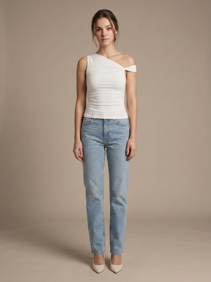 White Asymmetrical Draped Knit Top worn by a model, front view