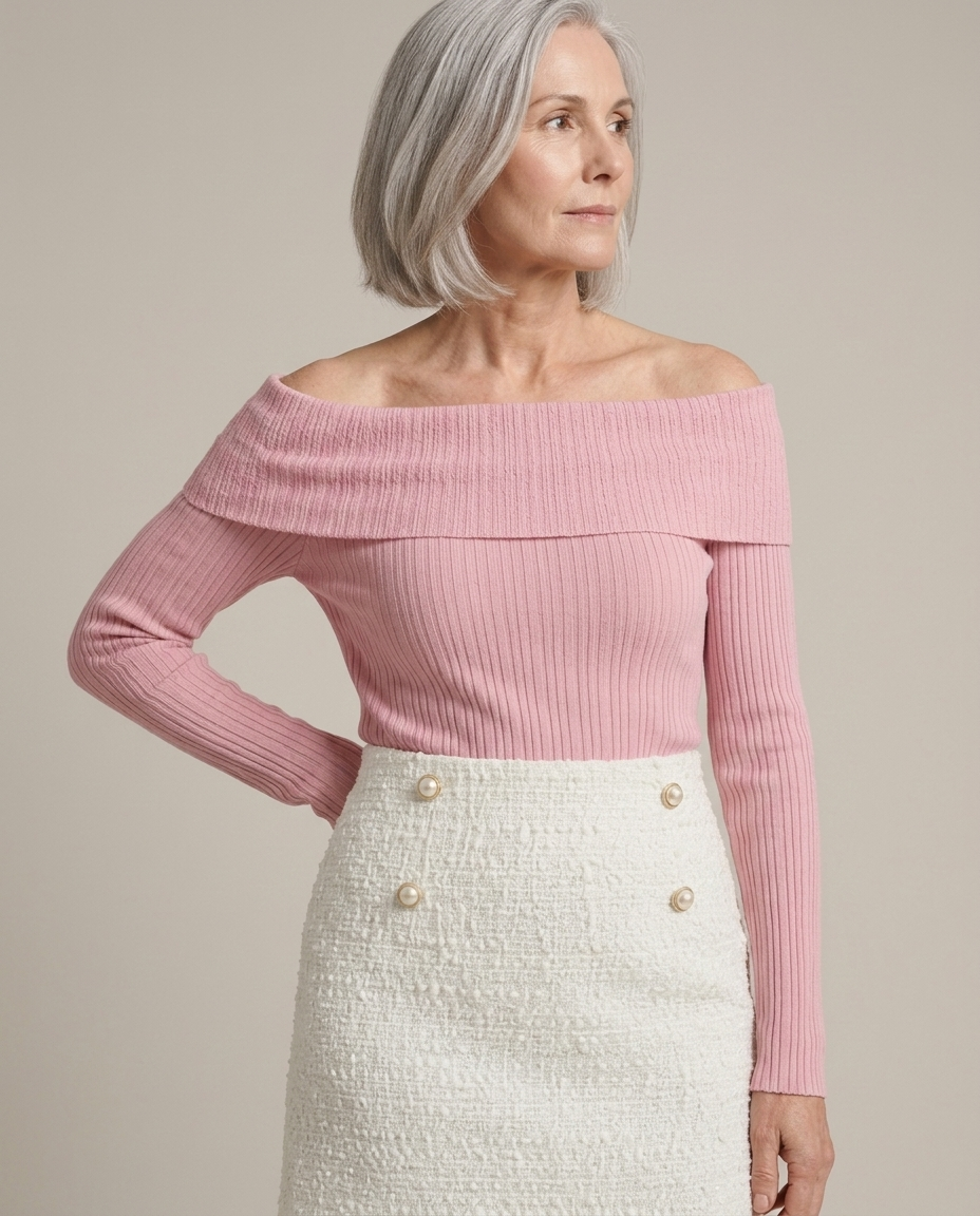 White Bouclé Mini Skirt, Pearl Buttons worn by a model, close waist-up view