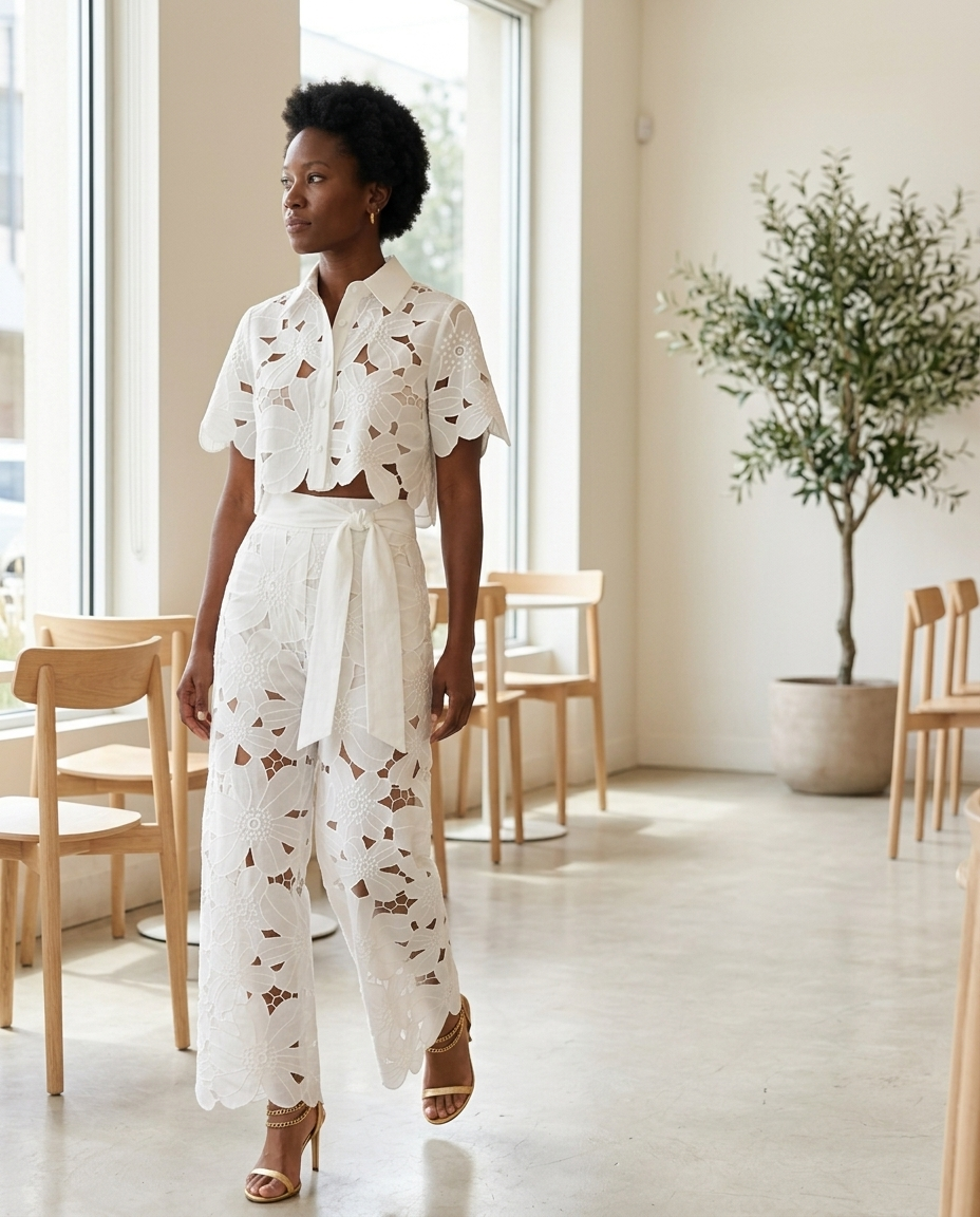White Floral Cut-out Crop Top Trousers Set styled in a daylight interior setting