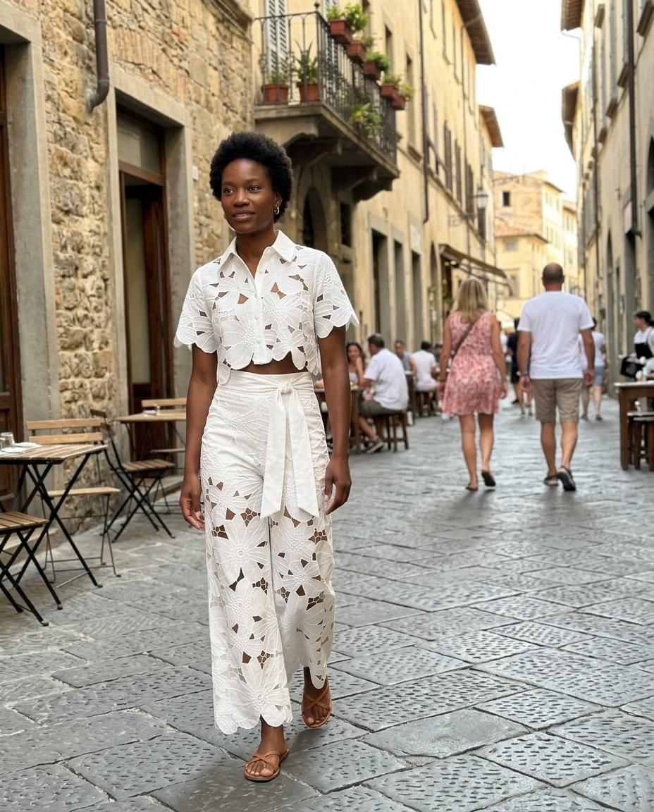 White Floral Cut-out Crop Top Trousers Set worn in an everyday street setting
