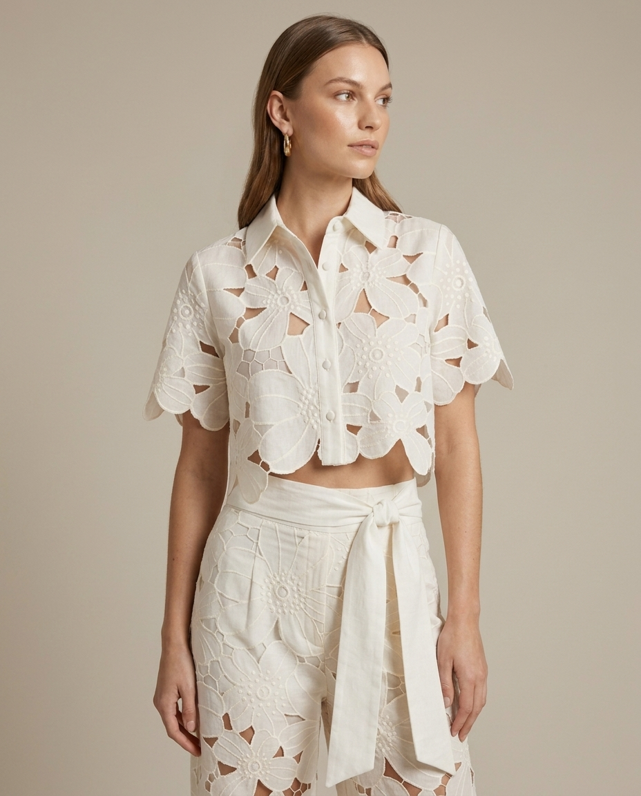 White Floral Cut-out Crop Top Trousers Set worn by a model, close waist-up view