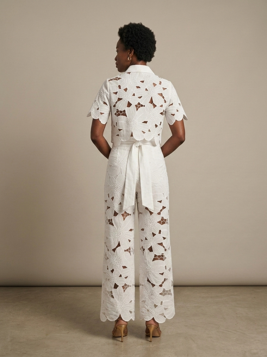 White Floral Cut-out Crop Top Trousers Set worn by a model, back view