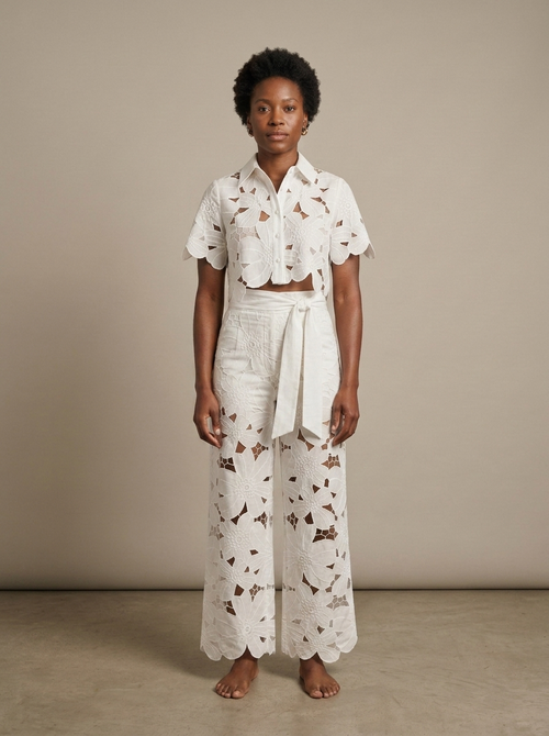 White Floral Cut-out Crop Top Trousers Set worn by a model, front view