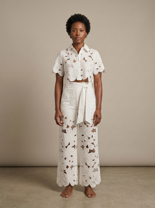 White Floral Cut-out Crop Top Trousers Set worn by a model, front view