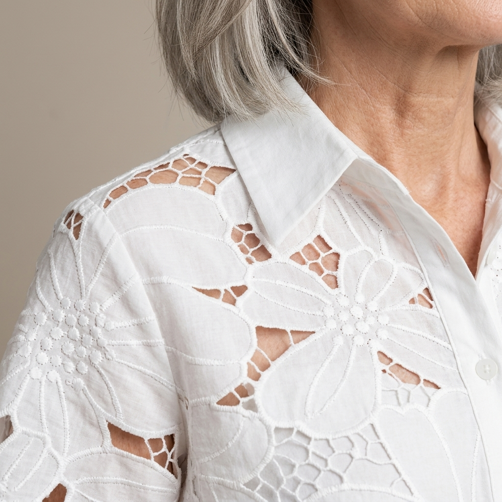 Close-up of White Floral Cut-out Shirt Pants Set detail