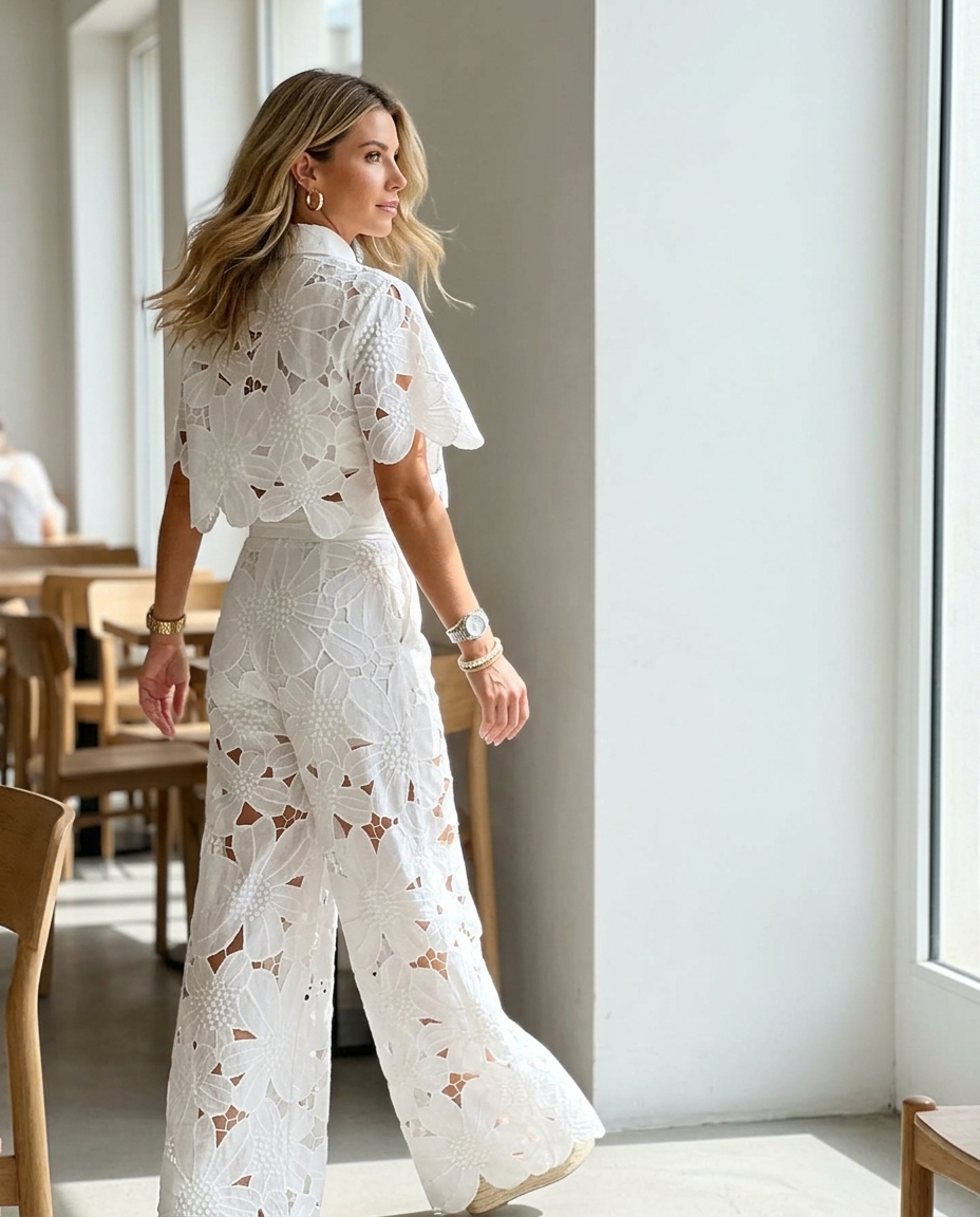 White Floral Cut-out Shirt Pants Set styled in a daylight interior setting