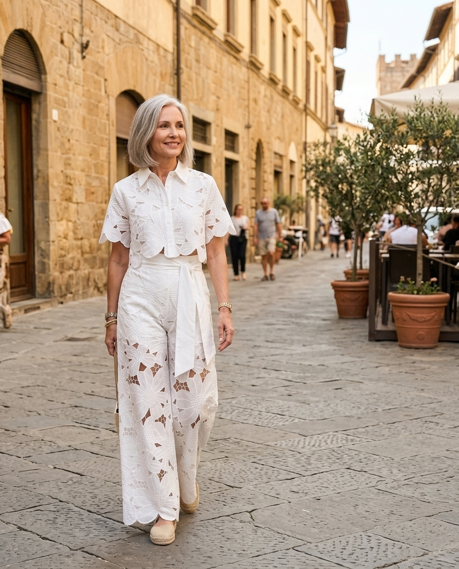 White Floral Cut-out Shirt Pants Set worn in an everyday street setting