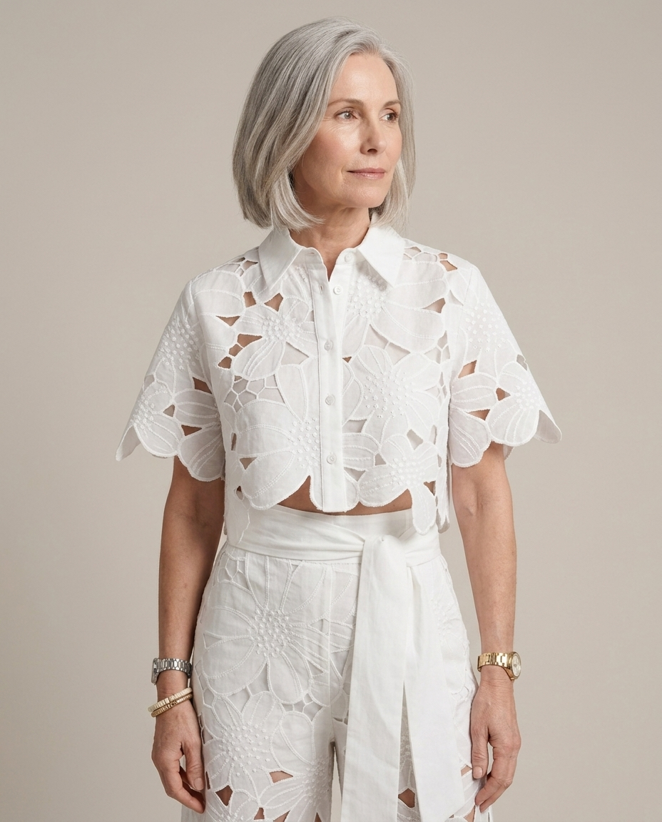 White Floral Cut-out Shirt Pants Set worn by a model, close waist-up view