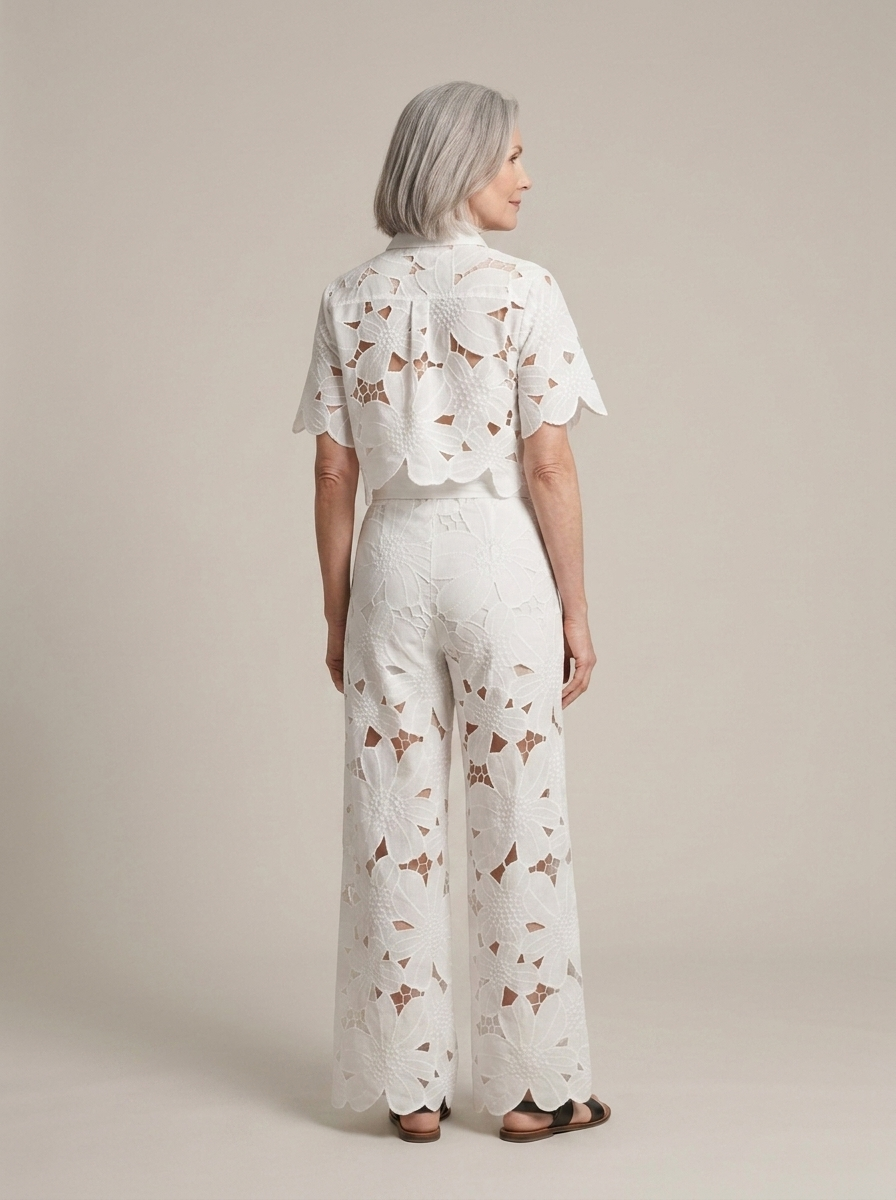 White Floral Cut-out Shirt Pants Set worn by a model, back view