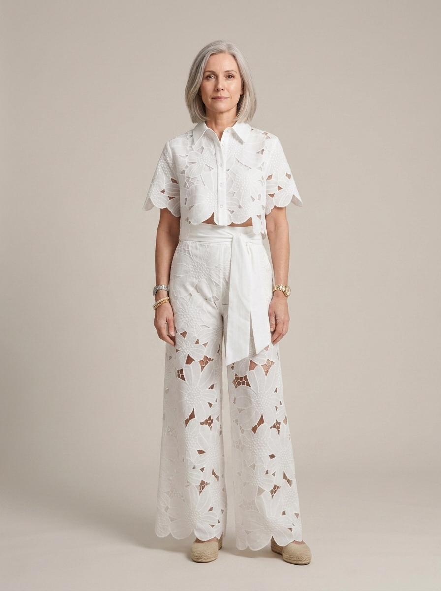 White Floral Cut-out Shirt Pants Set worn by a model, front view