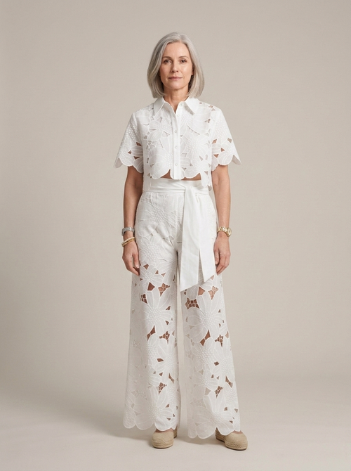 White Floral Cut-out Shirt Pants Set worn by a model, front view
