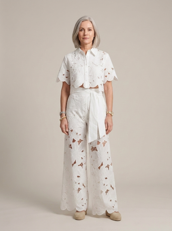White Floral Cut-out Shirt Pants Set