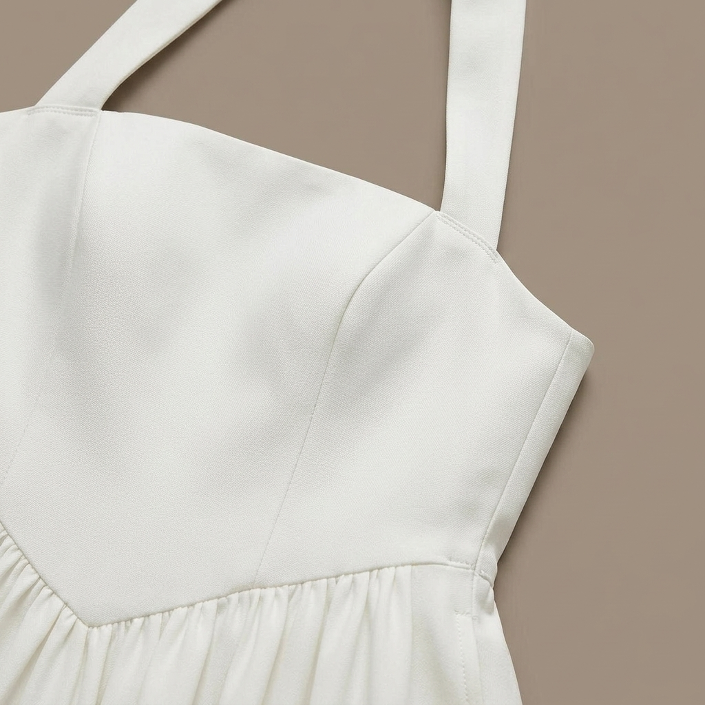 Close-up of White Halter Neck Full Skirt Midi Dress fabric and detailing