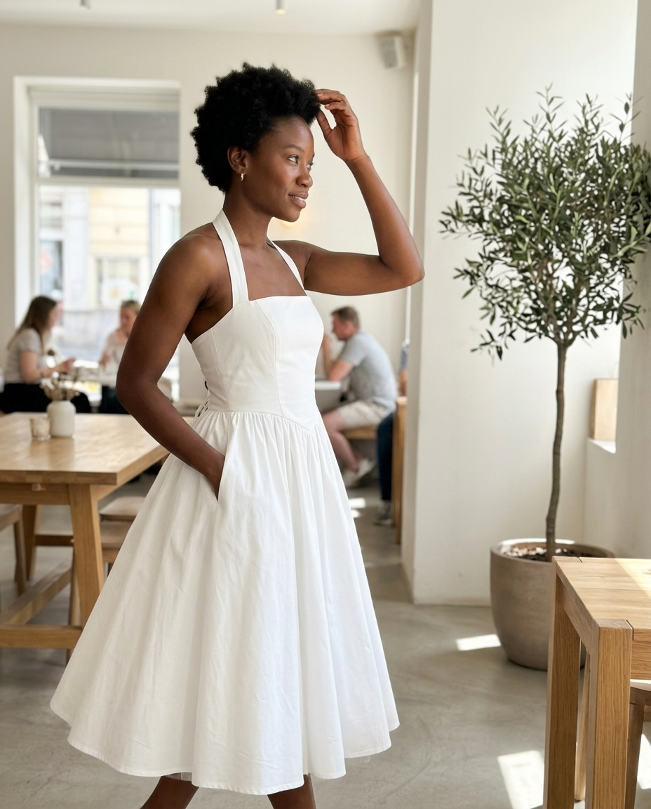 White Halter Neck Full Skirt Midi Dress styled in a daylight interior setting