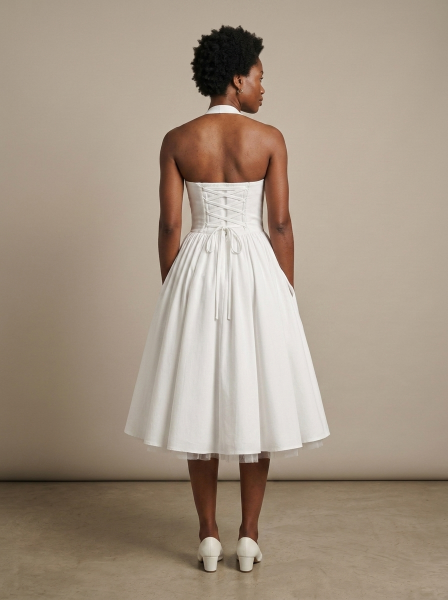 White Halter Neck Full Skirt Midi Dress worn by a model, back view