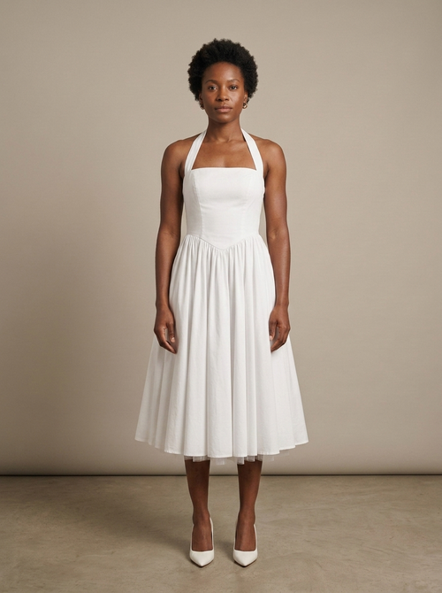 White Halter Neck Full Skirt Midi Dress worn by a model, front view