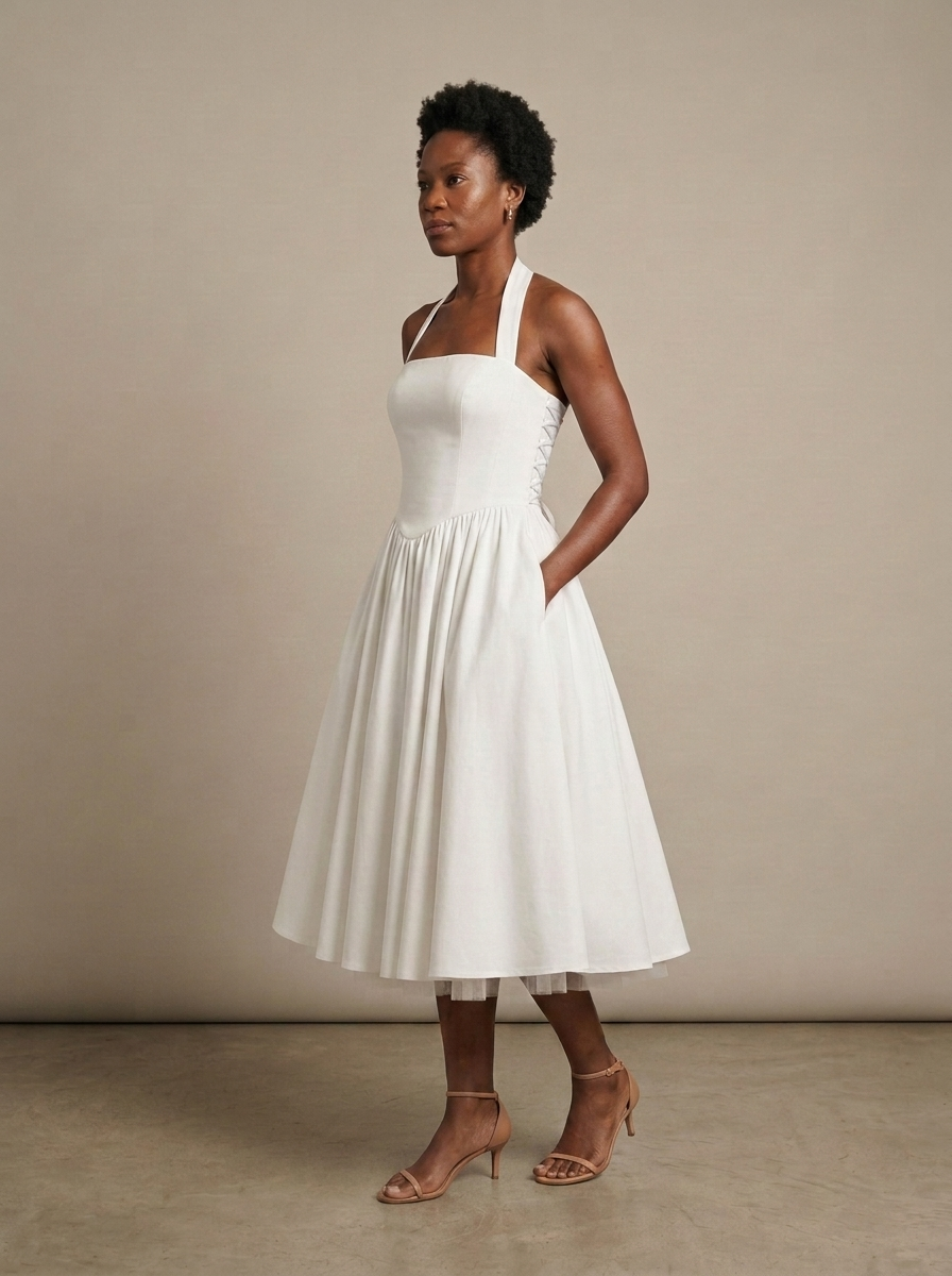 White Halter Neck Full Skirt Midi Dress worn by a model, three-quarter angle