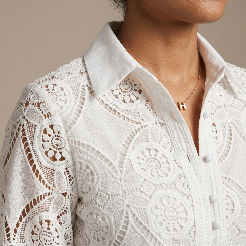 Close-up of White Lace Shirt and Shorts Set detail