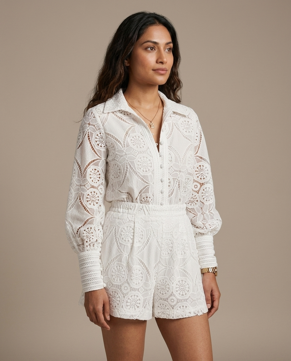 White Lace Shirt and Shorts Set worn by a model, close waist-up view