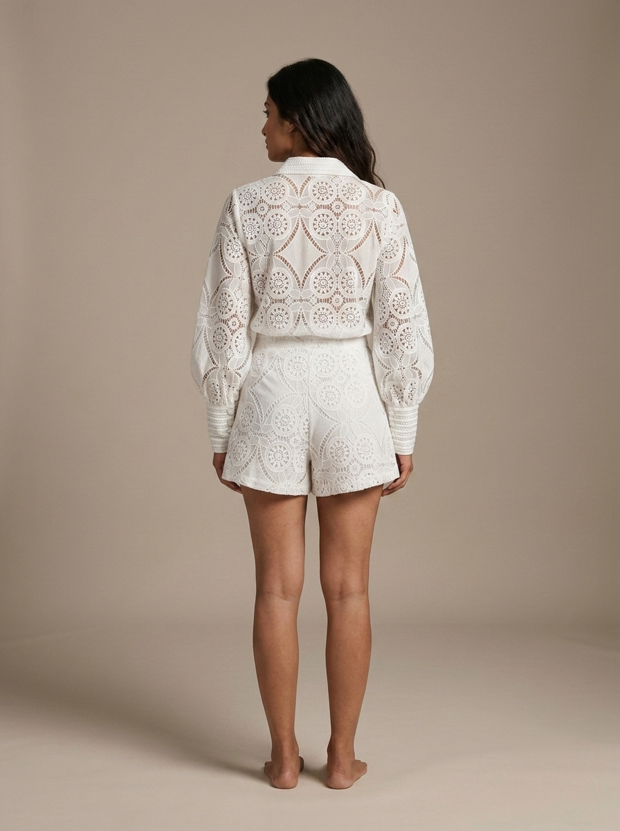 White Lace Shirt and Shorts Set worn by a model, back view