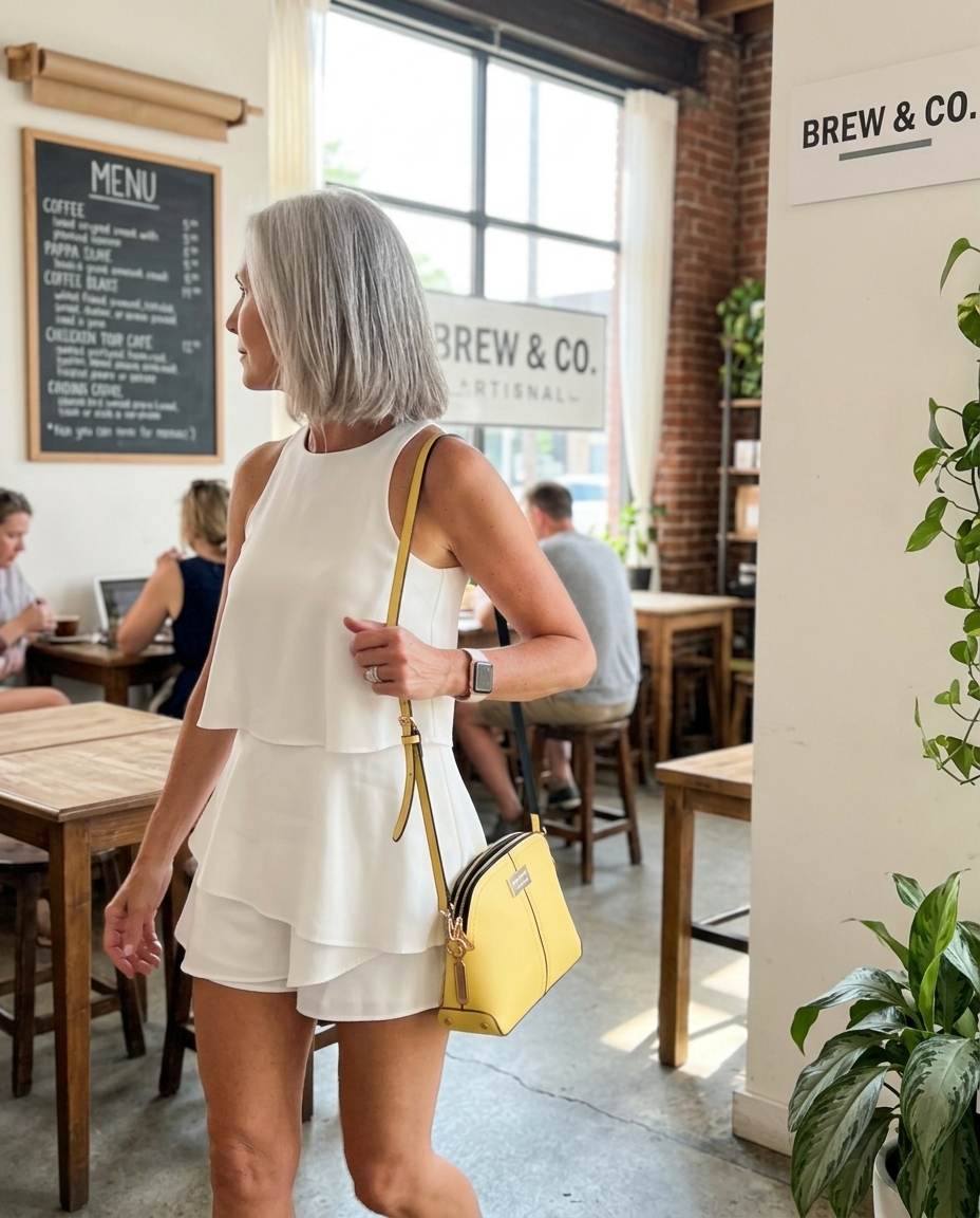 White Layered High Neck Playsuit styled in a daylight interior setting